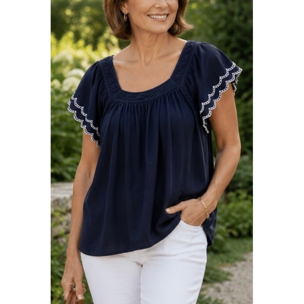 Lane Bryant Womens Blouse Navy 18 Eyelet Embroidered Boho Casual Nautical